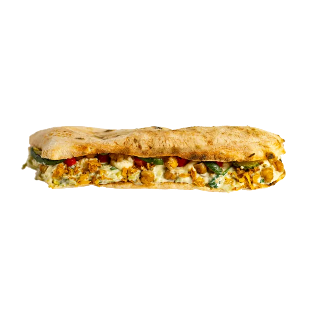 Panini Louie Vegan — cremă vegană de baby spanac și praz, cremă vegană de cartofi, zucchini, năut prăjit, ardei copt, ceapă crocantă