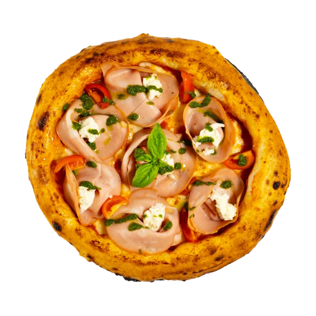 Pizza Mortadella — sos de roșii San Marzano, fior di latte, mortadella, mozzarella di bufala, busuioc, roșii cherry, pesto