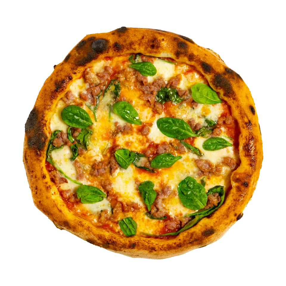 Pizza Salsiccia e Gorgonzola — salsa di pomodoro San Marzano, fior di latte, salsiccia, gorgonzola, spinacino